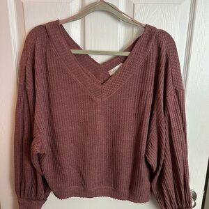 Vestique Pink V-Neck Sweater with Puff Sleeves